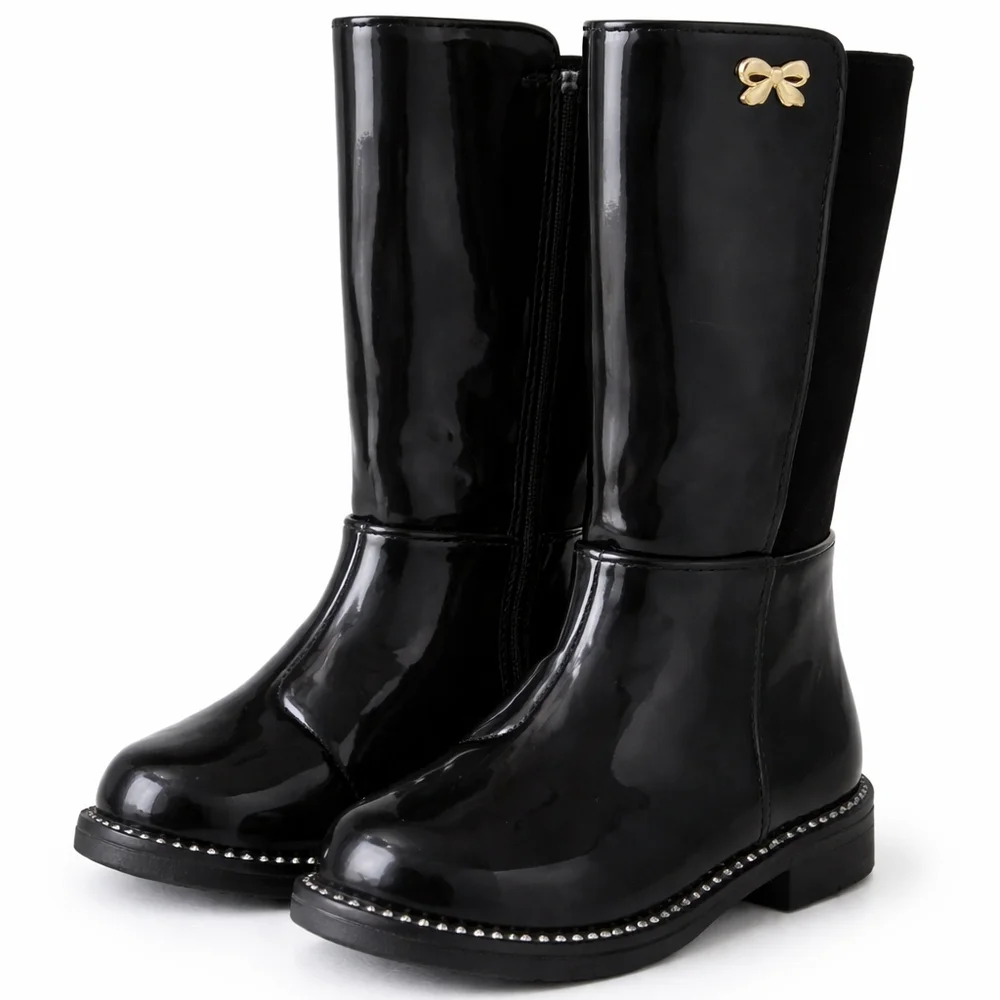 NWT The Children’s Place Toddler Girls Black Rain Boots Gold Bow Size 7